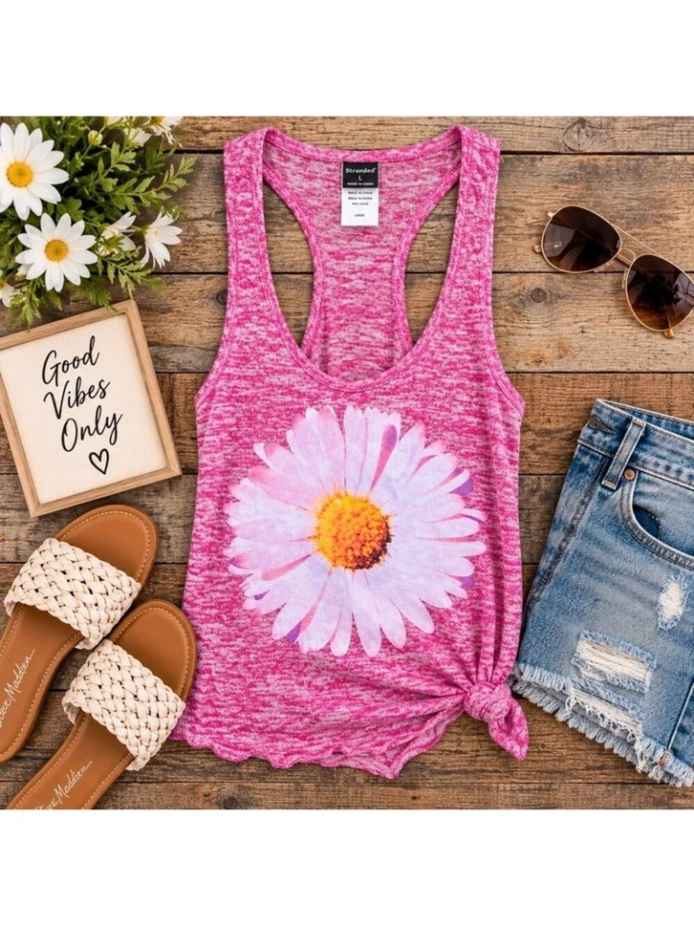 Stranded Pink Daisy Graphic Racerback Tank Top Women's Large Floral Boho